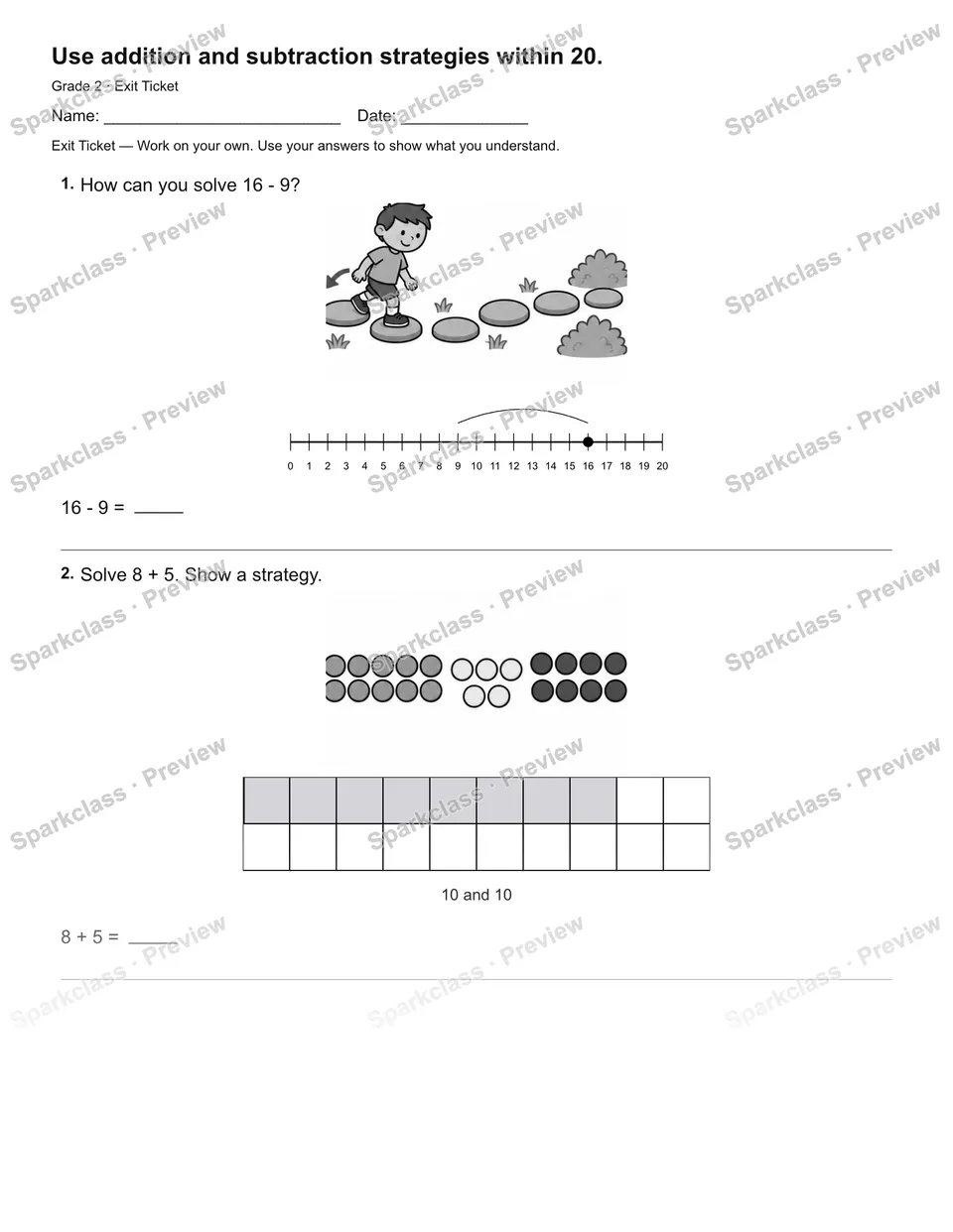 Use addition and subtraction strategies within 20. — Exit Ticket — page 1