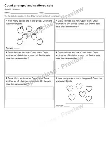 Count arranged and scattered sets — Homework — Kindergarten worksheet preview