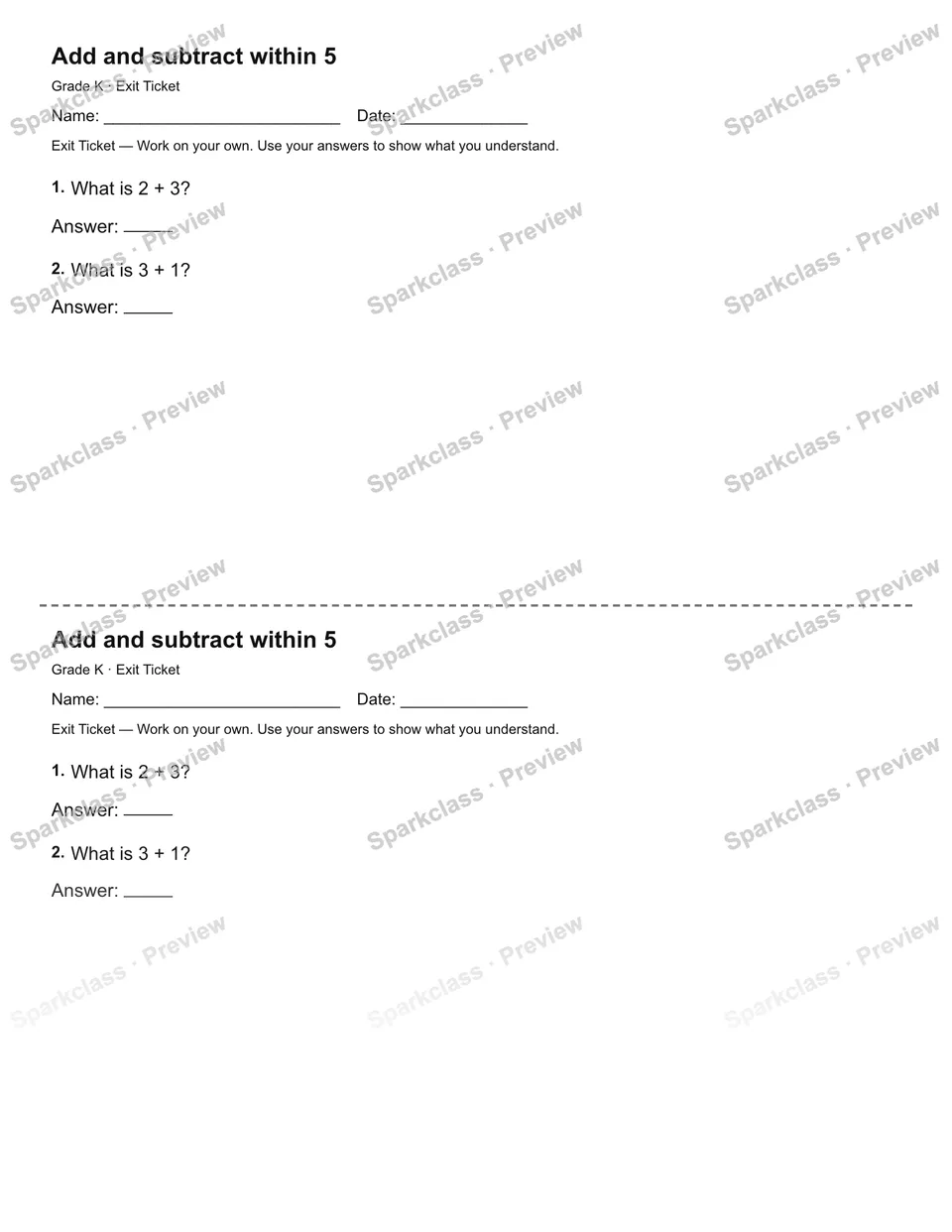 Add and subtract within 5 — Exit Ticket — page 1