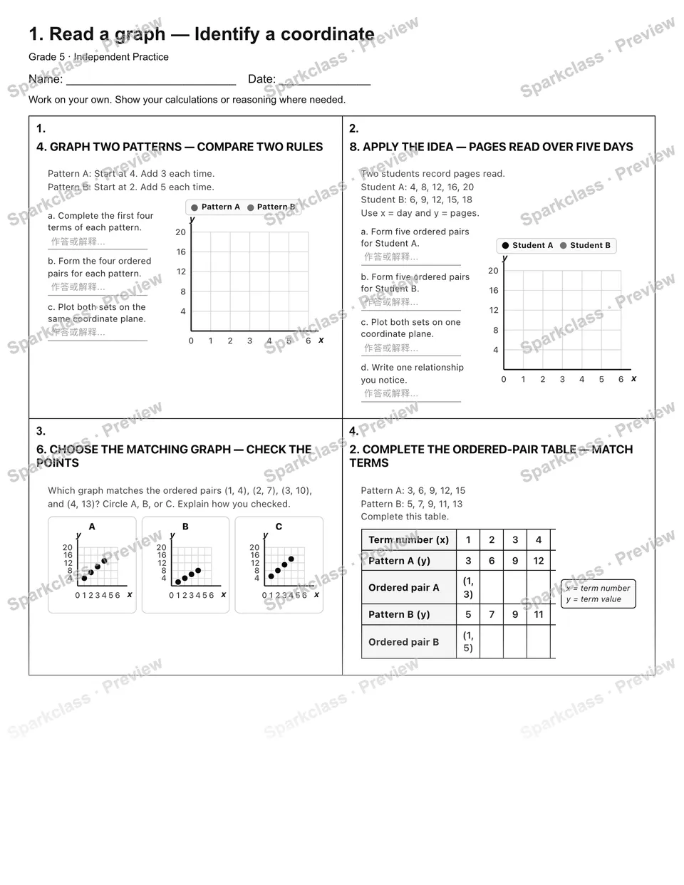 1. Read a graph — Identify a coordinate — Independent Practice — page 1