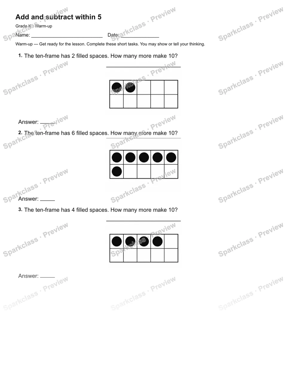 Add and subtract within 5 — Warm-up — page 1