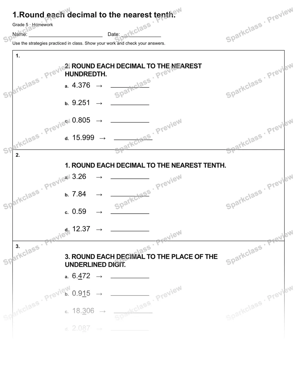 1.Round each decimal to the nearest tenth. — Homework — page 1