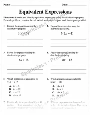 Equivalent Expressions · Distributive Property — Grade 6 worksheet preview