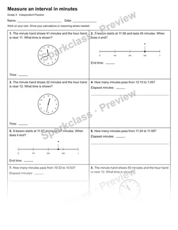 Measure an interval in minutes — Independent Practice — Grade 3 worksheet preview