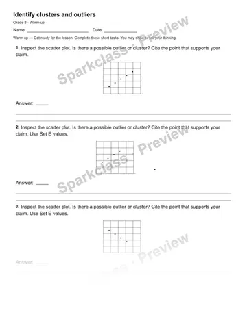 Identify clusters and outliers — Warm-up — Grade 8 worksheet preview