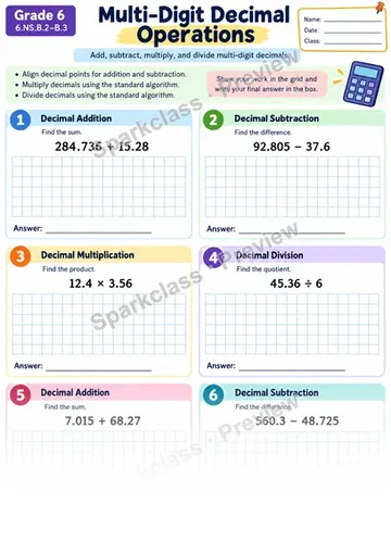 Multi Digit Decimal Operations — Grade 6 worksheet preview