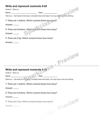 Write and represent numerals 0-20 — Warm-up — Kindergarten worksheet preview