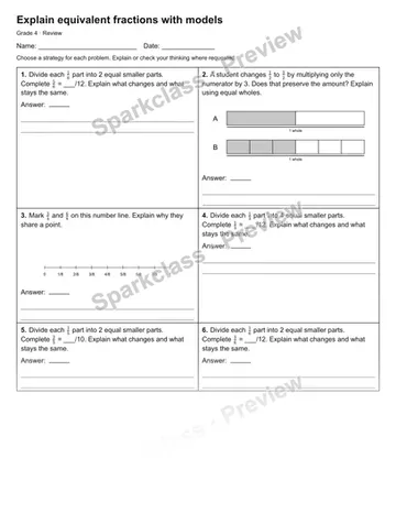 Explain equivalent fractions with models — Review — Grade 4 worksheet preview