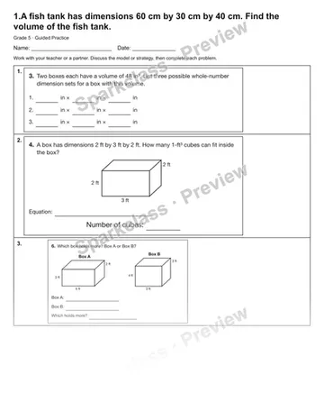 1.A fish tank has dimensions 60 cm by 30 cm by 40 cm. Find the volume of the fish tank. — Guided Practice — Grade 5 worksheet preview