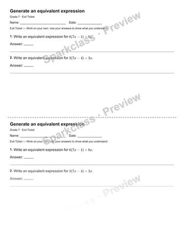 Generate an equivalent expression — Exit Ticket — Grade 7 worksheet preview
