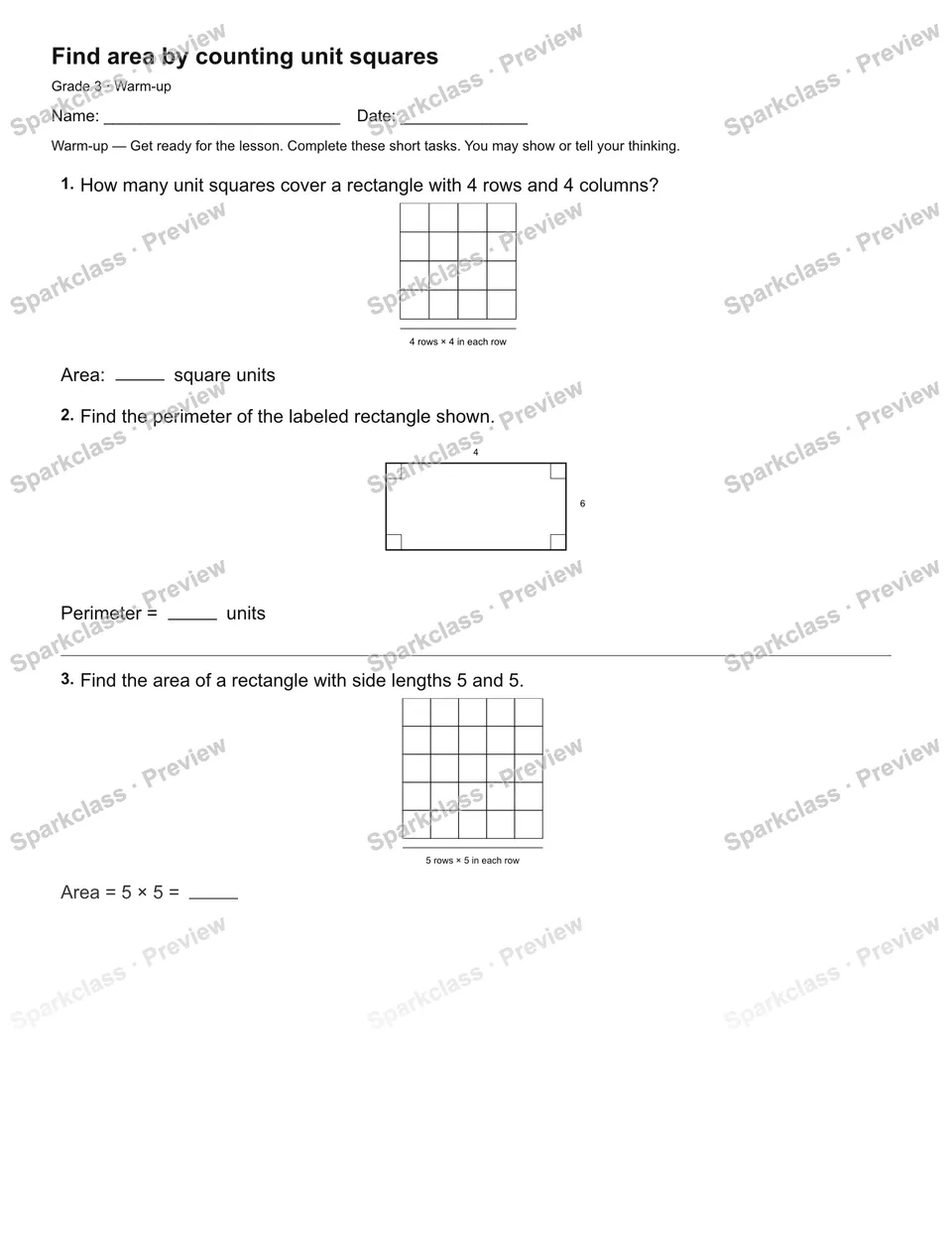 Find area by counting unit squares — Warm-up — page 1