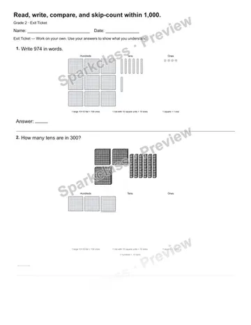 Read, write, compare, and skip-count within 1,000. — Exit Ticket — Grade 2 worksheet preview
