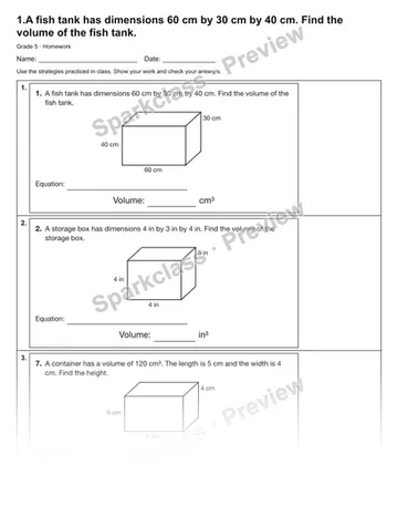 1.A fish tank has dimensions 60 cm by 30 cm by 40 cm. Find the volume of the fish tank. — Homework — Grade 5 worksheet preview