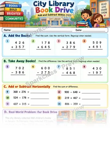 City Library · Add and Subtract Within 1000 — Grade 3 worksheet preview