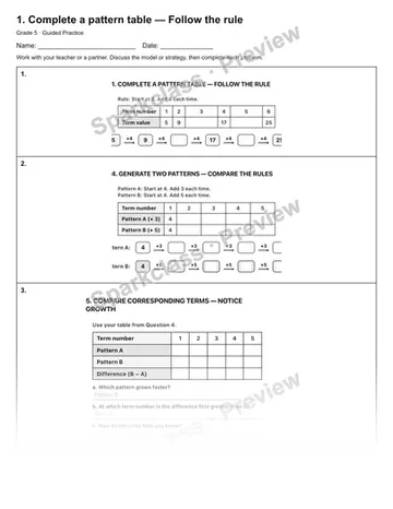 1. Complete a pattern table — Follow the rule — Guided Practice — Grade 5 worksheet preview