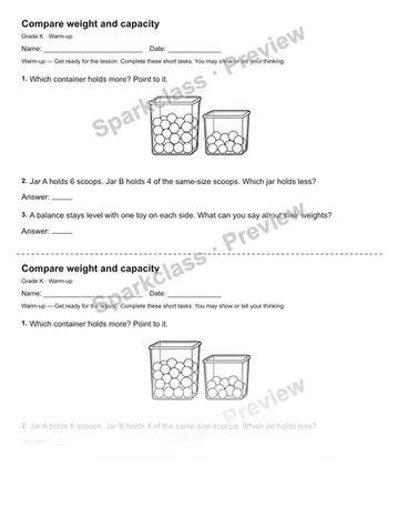 Compare weight and capacity — Warm-up — Kindergarten worksheet preview