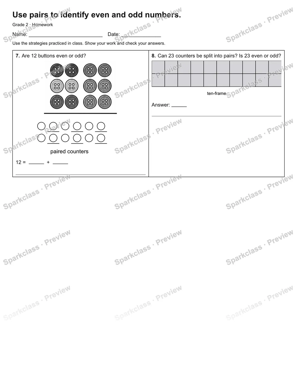 Use pairs to identify even and odd numbers. — Homework — page 2