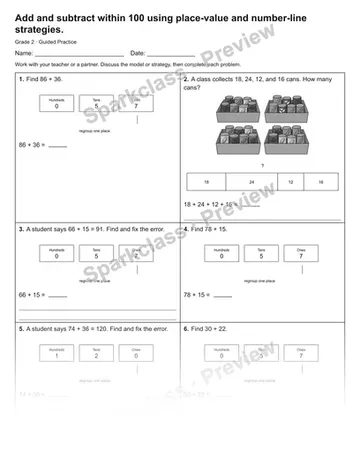 Add and subtract within 100 using place-value and number-line strategies. — Guided Practice — Grade 2 worksheet preview