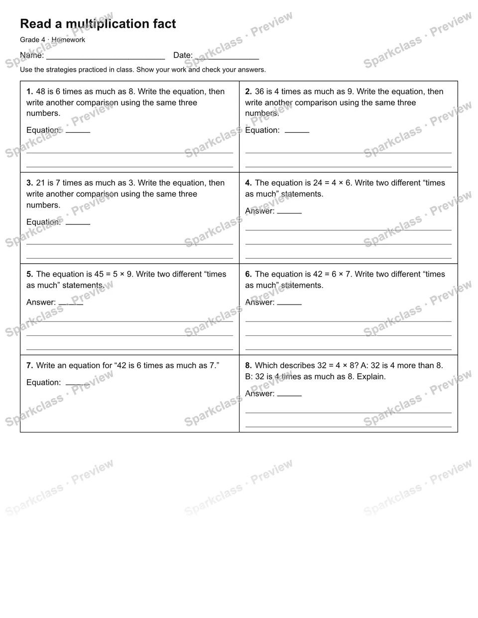 Read a multiplication fact — Homework — page 1