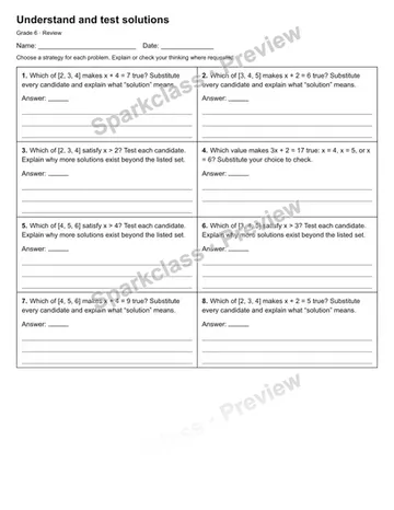 Understand and test solutions — Review — Grade 6 worksheet preview