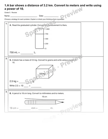 1.A bar shows a distance of 3.2 km. Convert to meters and write using a power of 10. — Review — Grade 5 worksheet preview