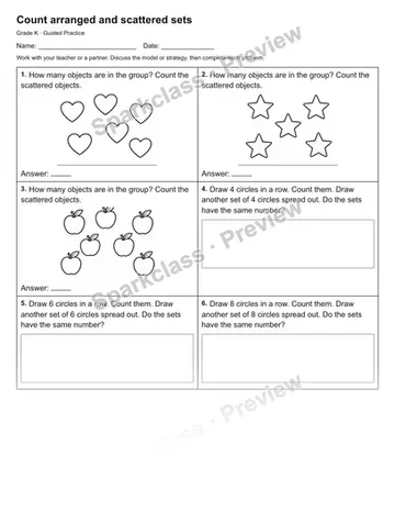 Count arranged and scattered sets — Guided Practice — Kindergarten worksheet preview