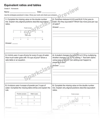 Equivalent ratios and tables — Homework — Grade 6 worksheet preview