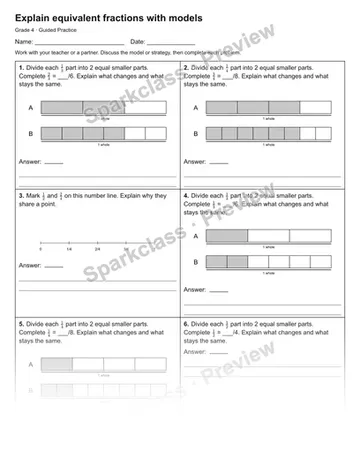 Explain equivalent fractions with models — Guided Practice — Grade 4 worksheet preview