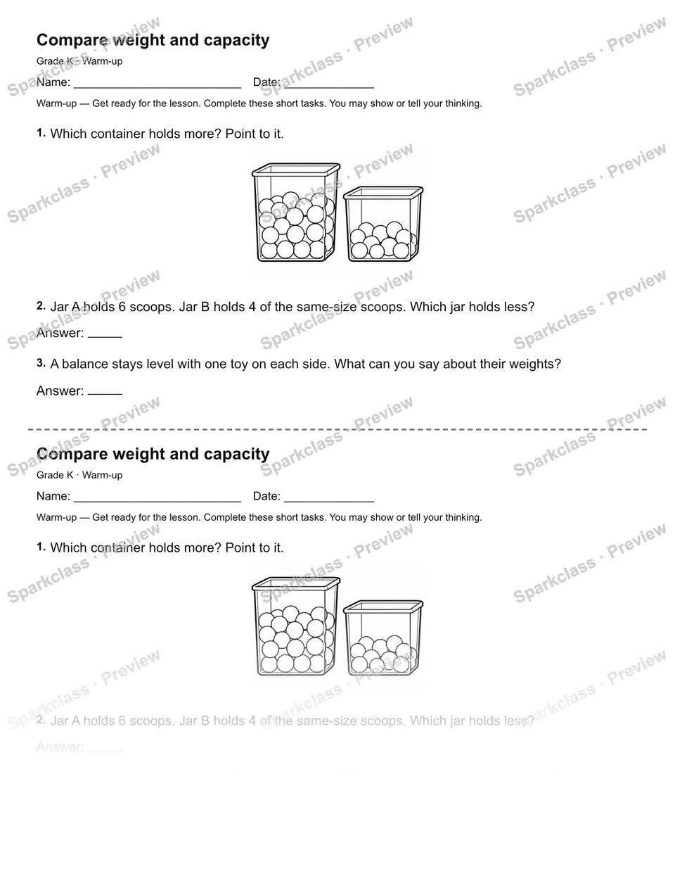 Compare weight and capacity — Warm-up — page 1