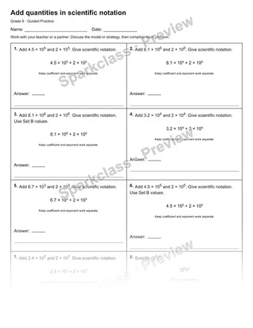 Add quantities in scientific notation — Guided Practice — Grade 8 worksheet preview