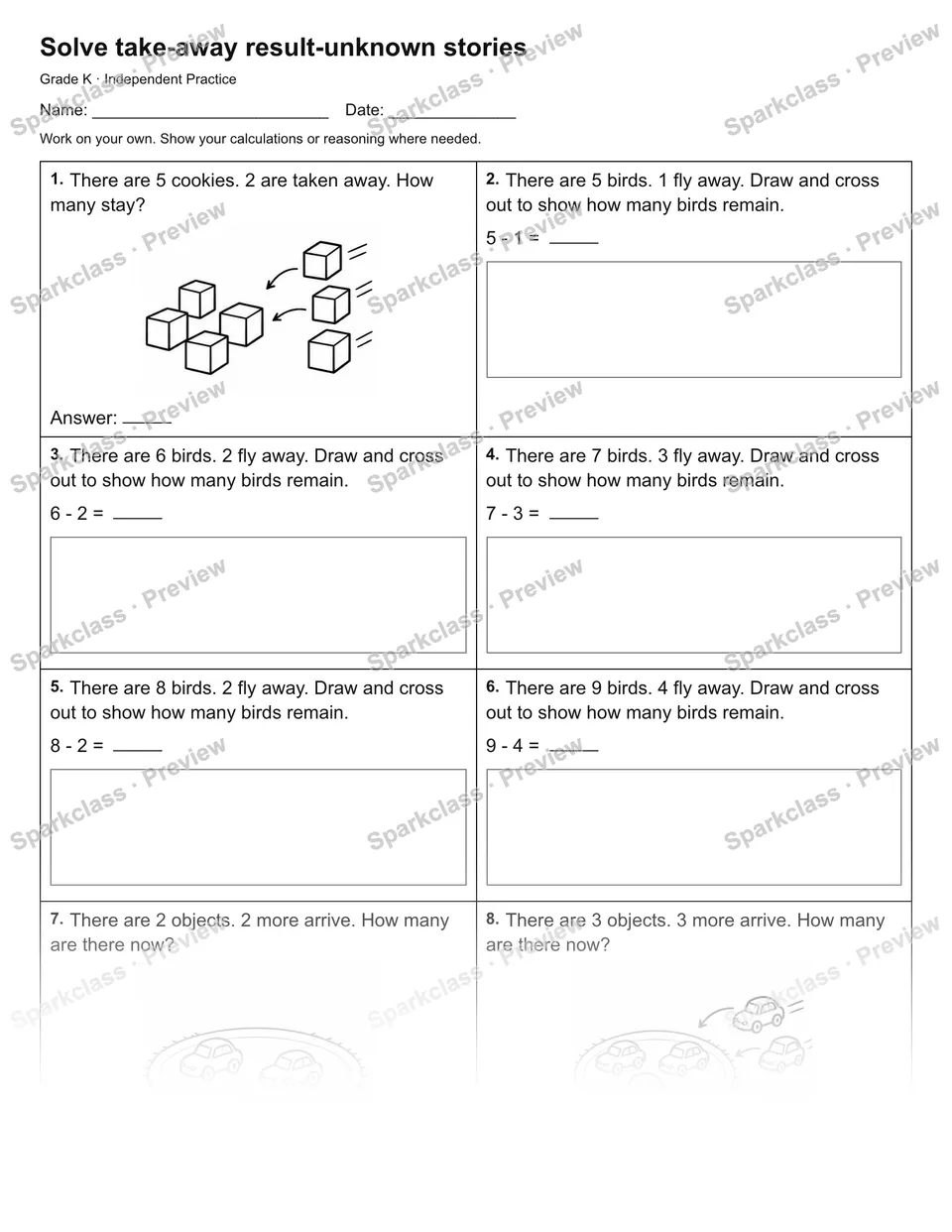 Solve take-away result-unknown stories — Independent Practice — page 1