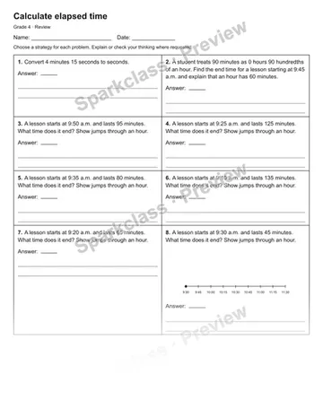 Calculate elapsed time — Review — Grade 4 worksheet preview