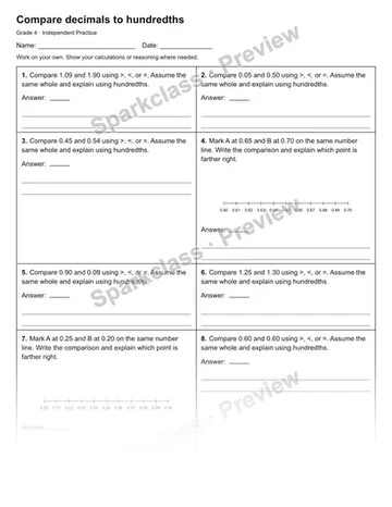 Compare decimals to hundredths — Independent Practice — Grade 4 worksheet preview