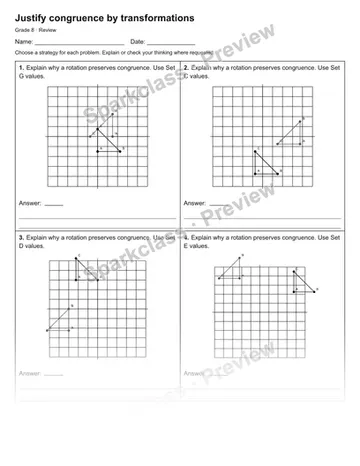 Justify congruence by transformations — Review — Grade 8 worksheet preview
