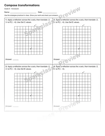 Compose transformations — Homework — Grade 8 worksheet preview
