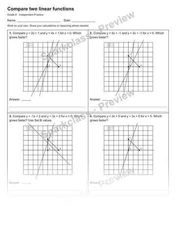 Compare two linear functions — Independent Practice — Grade 8 worksheet preview