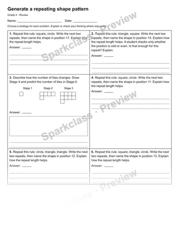 Generate a repeating shape pattern — Review — Grade 4 worksheet preview