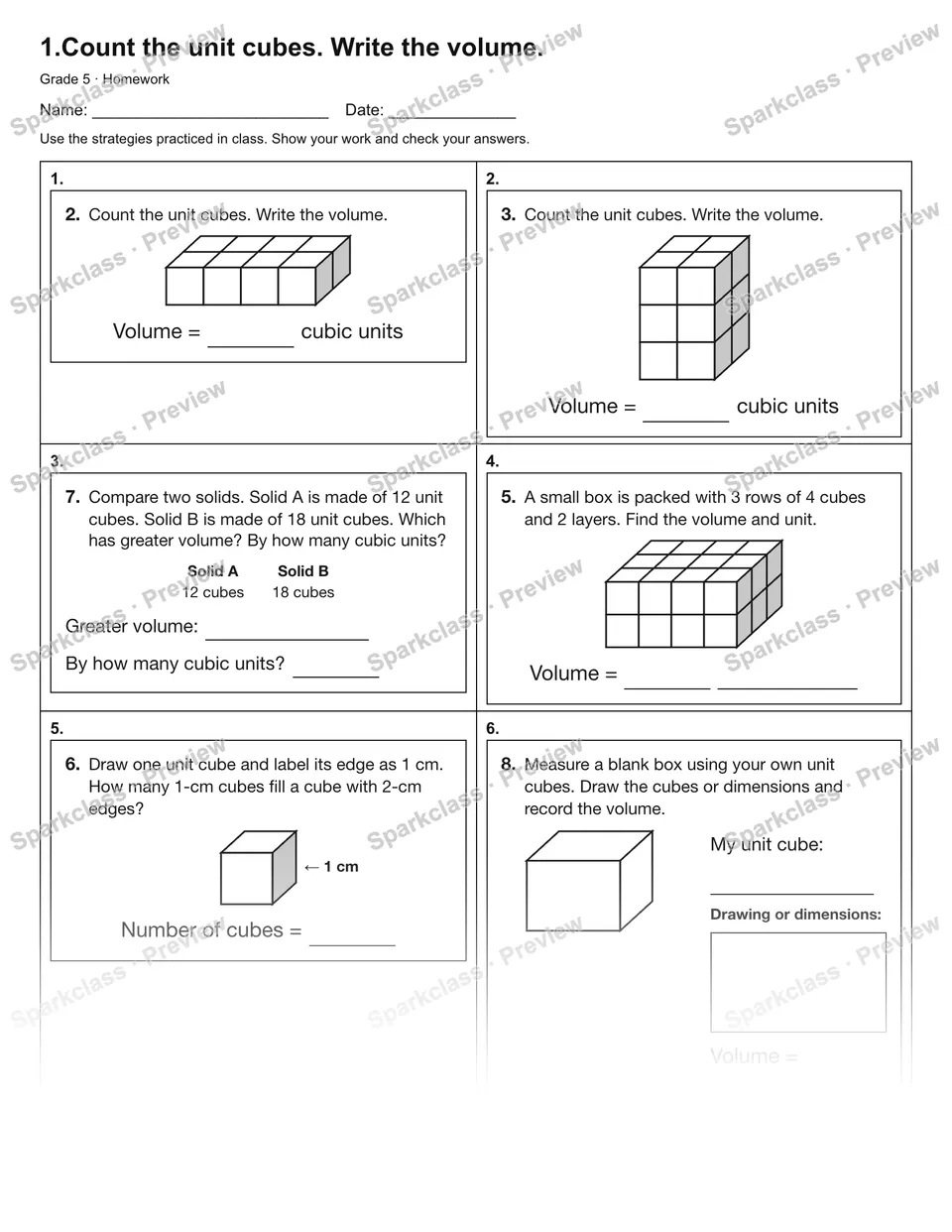 1.Count the unit cubes. Write the volume. — Homework — page 1