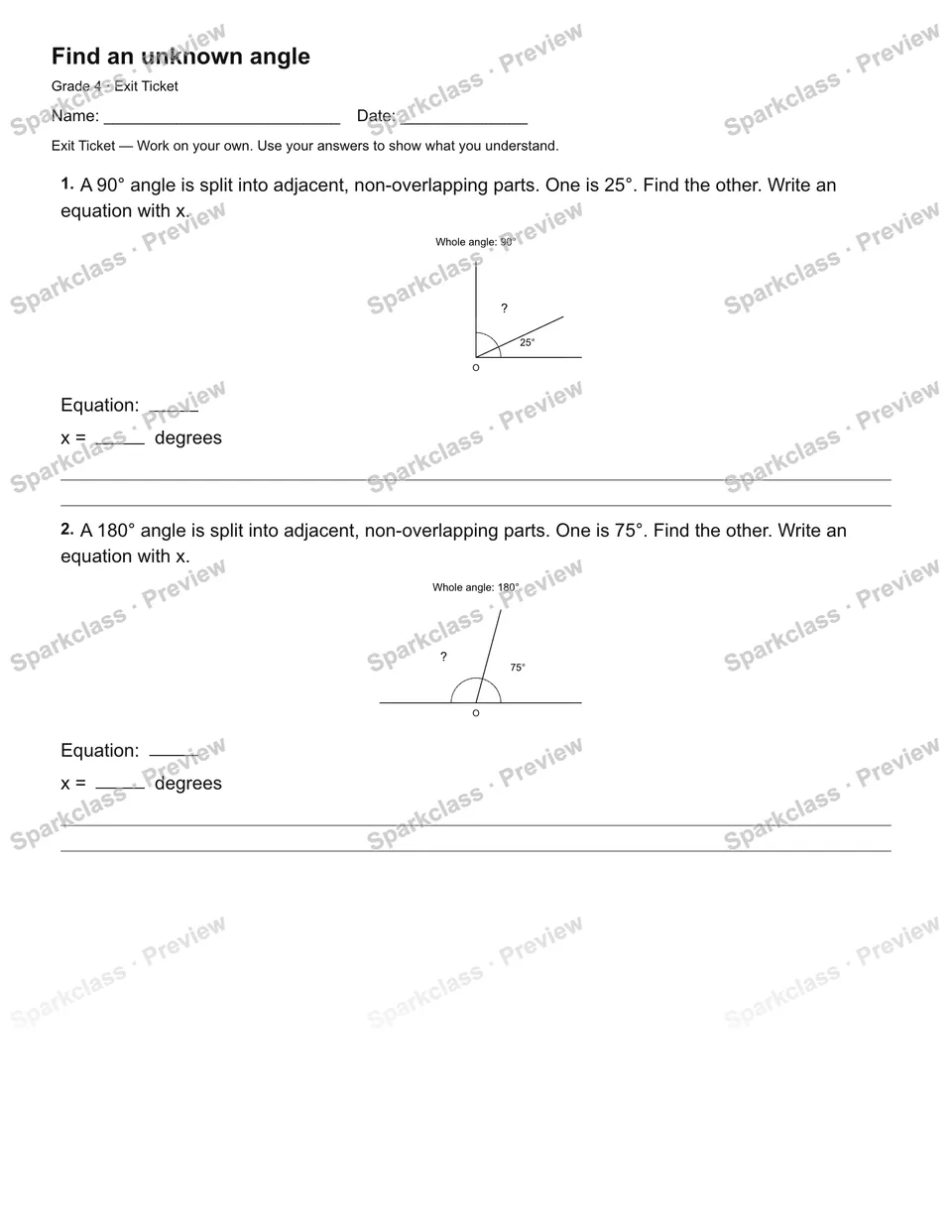 Find an unknown angle — Exit Ticket — page 1