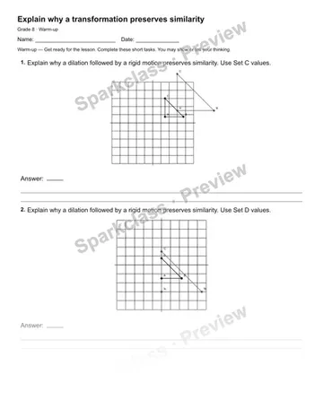 Explain why a transformation preserves similarity — Warm-up — Grade 8 worksheet preview