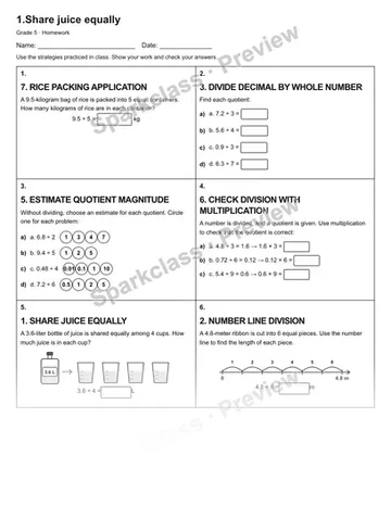 1.Share juice equally — Homework — Grade 5 worksheet preview