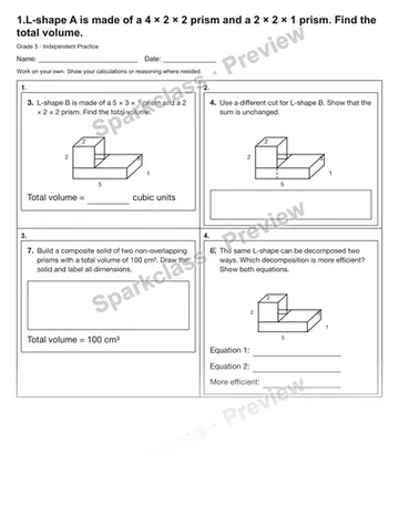 1.L-shape A is made of a 4 × 2 × 2 prism and a 2 × 2 × 1 prism. Find the total volume. — Independent Practice — Grade 5 worksheet preview