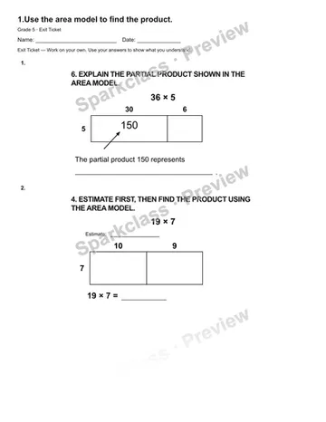 1.Use the area model to find the product. — Exit Ticket — Grade 5 worksheet preview