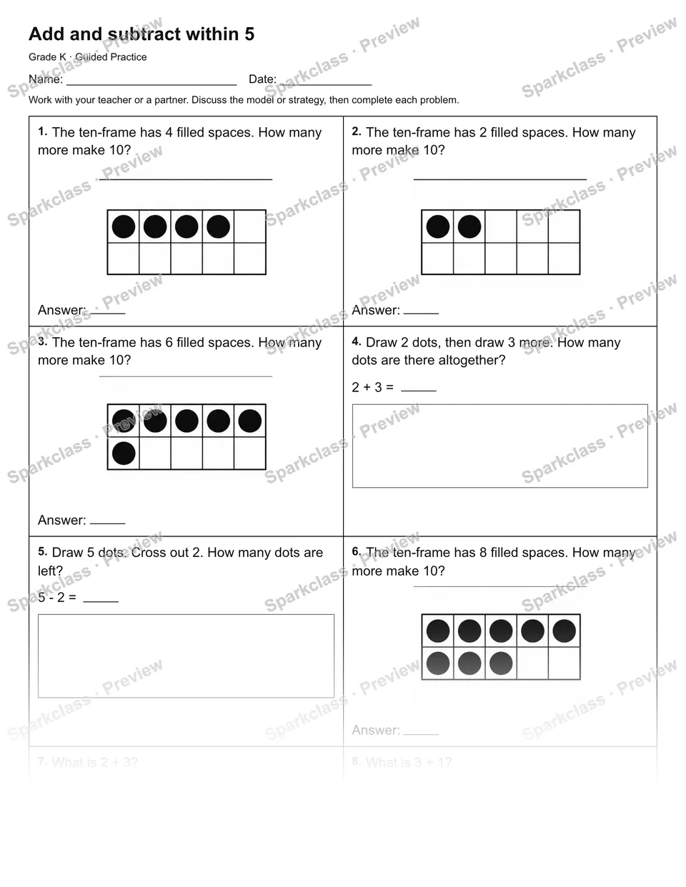 Add and subtract within 5 — Guided Practice — page 1