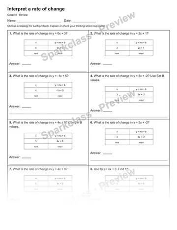 Interpret a rate of change — Review — Grade 8 worksheet preview