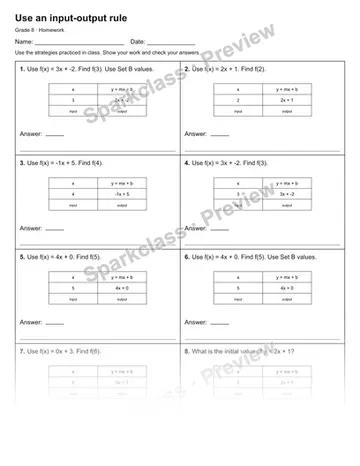 Use an input-output rule — Homework — Grade 8 worksheet preview