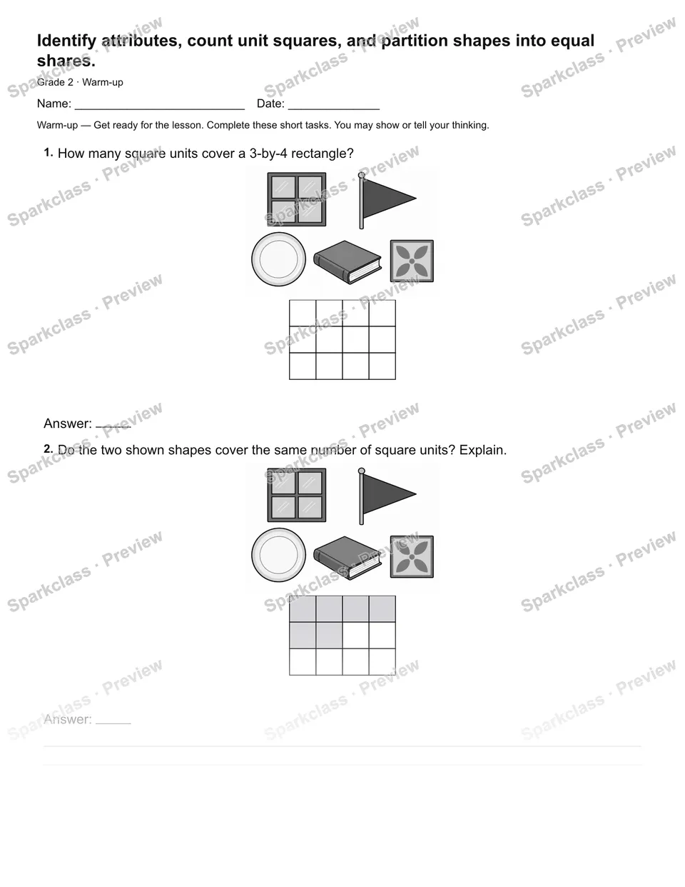 Identify attributes, count unit squares, and partition shapes into equal shares. — Warm-up — page 2