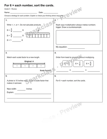 For 6 × each number, sort the cards. — Review — Grade 5 worksheet preview