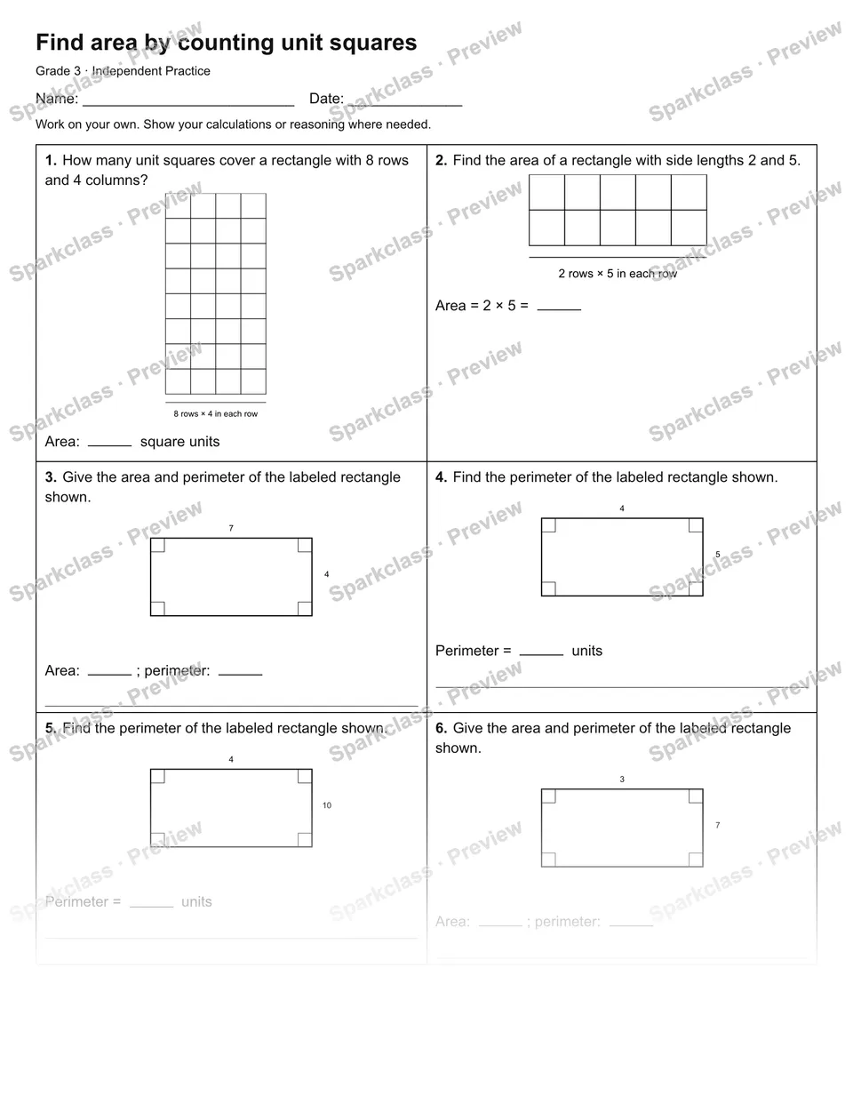 Find area by counting unit squares — Independent Practice — page 1