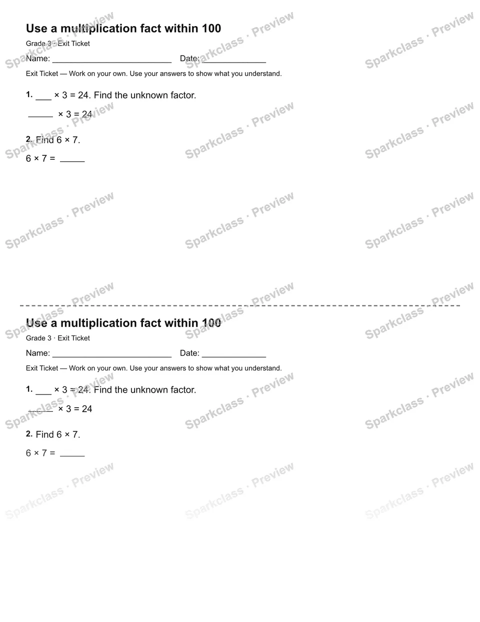 Use a multiplication fact within 100 — Exit Ticket — page 1